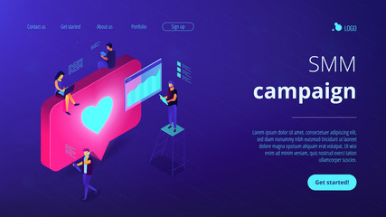 Social media engagement isometric 3D landing page.