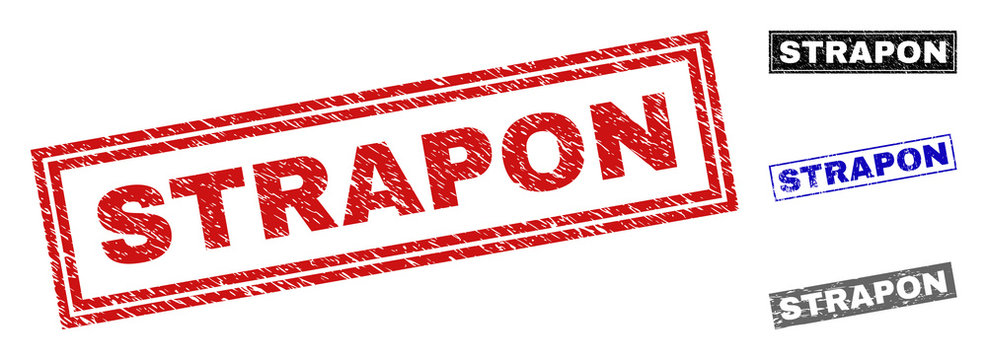Grunge STRAPON rectangle stamp seals isolated on a white background. Rectangular seals with distress texture in red, blue, black and gray colors.