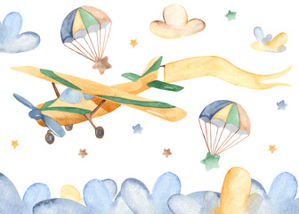 Watercolor card with cute airplane and clouds. Child illustration for baby shower, kindergarten, cards, invitations.
