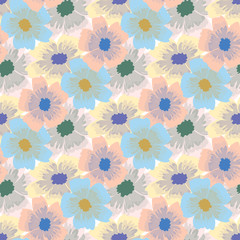 Bright seamless pattern of colorful flowers on white background.