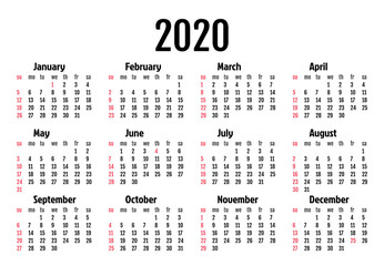 Calendar for 2020 isolated on a white background