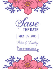 Vector illustration marriage invitation card with artwork frame flower pink leaf purple