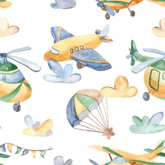 Papier peint Animaux en transport Motif harmonieux d& 39 aquarelle avec de mignons avions, hélicoptères, dirigeable, ballon. Texture pour baby shower, emballage, papier peint, tissus, textiles, design pour bébé.