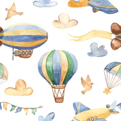 Papier Peint photo Animaux avec ballon Motif harmonieux d& 39 aquarelle avec de mignons avions, hélicoptères, dirigeable, ballon. Texture pour baby shower, emballage, papier peint, tissus, textiles, design pour bébé.