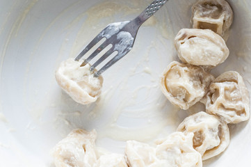 Fork with pork dumplings in sour cream sauce appetizing looks in a white plate with semi-finished