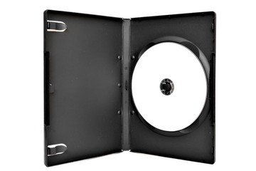 Half open box with white CD DVD drive for storing audio, video information and data backup with free space for design on white background. Isolated