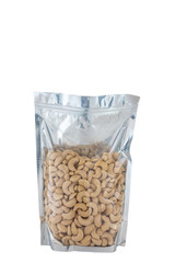 Cashew nuts In the packaging bag on isolated white background