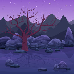 Cartoon dry stone desert landscape with bare tree and mountains at night