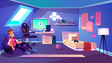 Teenage boy sitting in comfortable bag armchair in his cozy room on house attic cartoon vector. Computer games fan, esports enthusiast or streamer, pro gamer or blogger resting at home illustration © vectorpouch