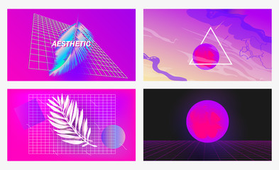 Set of posters Vaporwave, seapunk, synthpop style, neon aesthetics of 80s. Tropical summer theme.