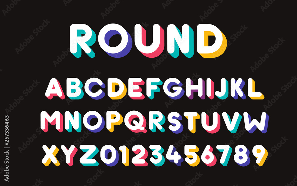 Poster vector modern cool bold font with colorful trendy shadows. alphabet and numbers set