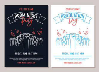 Set of 2 academic posters. Vector illustration for Prom Night Party invitations and another for Graduation day events. Hands raised throwing academic hats © Pedro