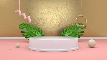 3d render abstract background with podium, spheres, golden elements and palm leaves in minimal pink Memphis design style.