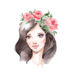 Watercolor beauty girl with dark hair and floral wreath. Hand drawn illustration