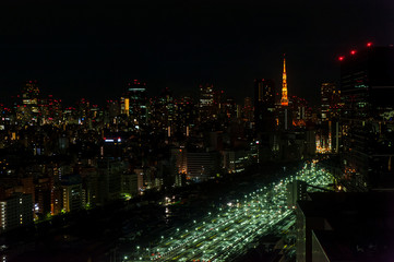 Naklejka premium aerial photography of Tokyo night view, japan, Futuristic station,