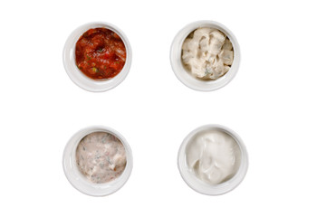 Set of different sauces on white background. Top view.