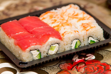 Fresh Food Portion of Japanese Sushi Rolls. Close Up