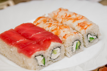 Fresh Food Portion of Japanese Sushi Rolls. Close Up