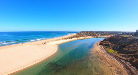 Fototapeta na wymiar Drone aerial footage of the spectacular the South Australian Southport Onkaparinga River mouth estuary and coastline.