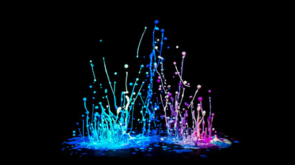Blue and pinkl abstract paint splashing on audio speaker isolated on black background