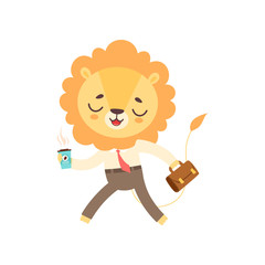 Cute Lion Businessman Walking with Cup of Coffee and Briefcase, Funny African Animal Cartoon Character Vector Illustration