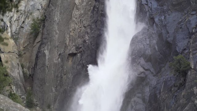 Pan down Lower Yosemite Falls, ends at the base