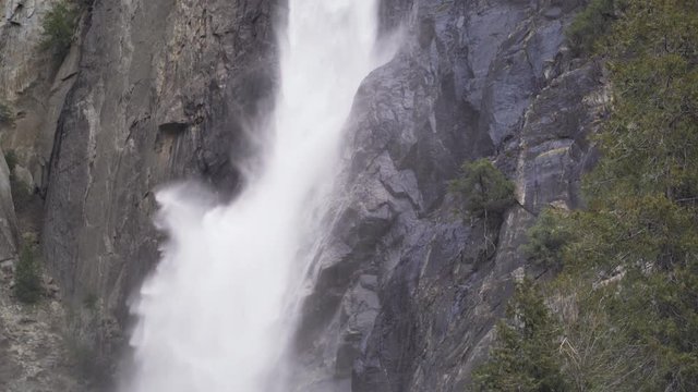 Close up shot of the base of lower yosemite falls in Yosemite National Park