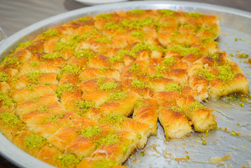 Baklava Dessert, Baqlawa with pistachios served on a tray