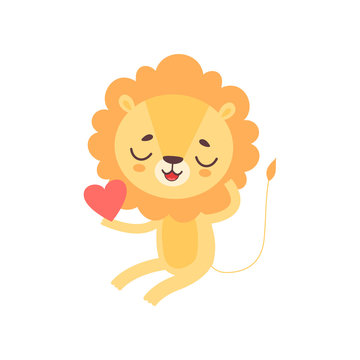 Cute Lion Holding Red Heart, Funny African Animal Cartoon Character Vector Illustration