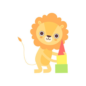 Cute Lion Playing with Toy Pyramid, Funny African Animal Cartoon Character Vector Illustration