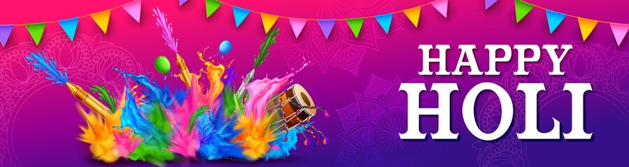 Plakat colorful Happy Holi background for color festival of India celebration greetings