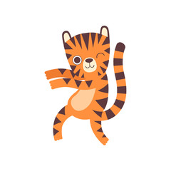 Fototapeta na wymiar Cute Little Tiger Dancing, Adorable Wild Animal Cartoon Character Vector Illustration
