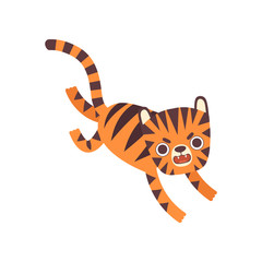 Fototapeta na wymiar Cute Little Angry Tiger Roaring, Adorable Wild Animal Cartoon Character Vector Illustration