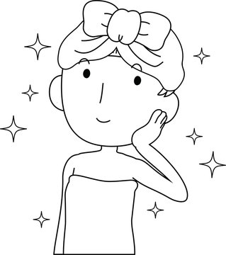 recommend clip art: Illustration of a cute lady who is washing the face as after bathing outline