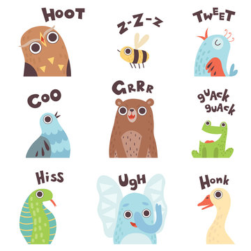 Cute Cartoon Farm Animal Making Sounds Set, Owl, Bee, Bird, Pigeon, Bear,  Frog, Snake, Elephant, Goose Saying Vector Illustration Stock Vector |  Adobe Stock