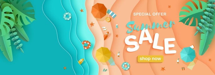 Summer sale, vector background beach, people sunbathing papercut top view