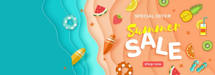 Summer sale, beach holiday, banner with layered sea and sand, fruit, paper cut