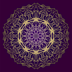 Design Floral Mandala Ornament. Vector Illustration. For Coloring Book, Greeting Card, Invitation, Tattoo. Anti-Stress Therapy Pattern. Luxury purple gold color