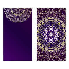 Ethnic Mandala Ornament. Templates With Mandalas. Vector Illustration For Congratulation Or Invitation. The Front And Rear Side. Purple gold color