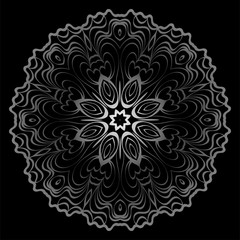 Design With Floral Mandala Ornament. Vector Illustration. Oriental Pattern. Indian, Moroccan, Mystic, Ottoman Motifs. Anti-Stress Therapy Pattern. Black, silver color