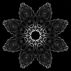 Decorative Elements With Mandala Ornament. Ornamental Floral, Oriental Pattern. Vector Illustration. Indian, Moroccan, Mystic, Ottoman Motifs. Anti-Stress Therapy Pattern. Black, silver color