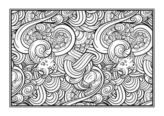 Adult coloring page with undersea world. Vector sea creatures doodles.