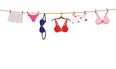 Pantie, bra and lingerie hanging on rope. Vector illustration. - obrazy, fototapety, plakaty
