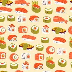 Seamless Pattern with Hands Drawn Traditional Japanese Food. Vector Doodle Illustration.