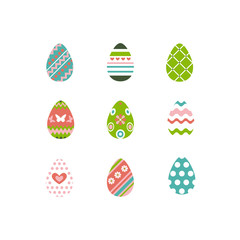 Set of colorful happy easter eggs silhouettes on white background with different ornaments and texture. Egg icons in coral, green, turquoise, pink colours. Vector illustration