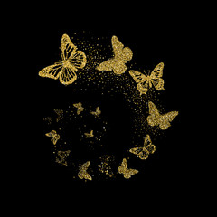 Golden glitter butterflies fly in spiral on black background. Beautiful gold silhouettes with different shapes wings. For invitation, fashion, decorative abstract design elements. Vector illustration.