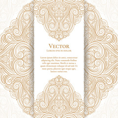 Gold and white vintage greeting card design. Luxury vector ornament template. Great for invitation, flyer, menu, brochure, postcard, background, wallpaper, decoration, packaging or any desired idea.