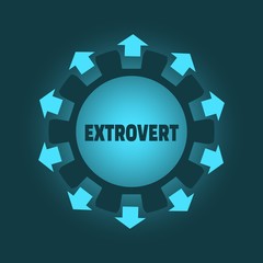 Extrovert word. Psychology concept. Gear with ray style arrows