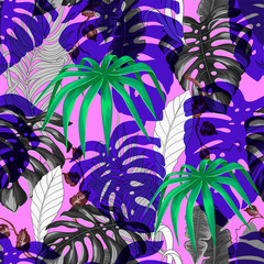 Seamless vivid pattern with tropical banana, palm and monstera leaves for fabric design.