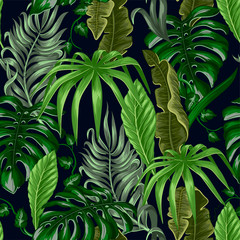 Naklejki  Wzór z liści tropikalnych bananów, palm i monstera do projektowania tkanin.
